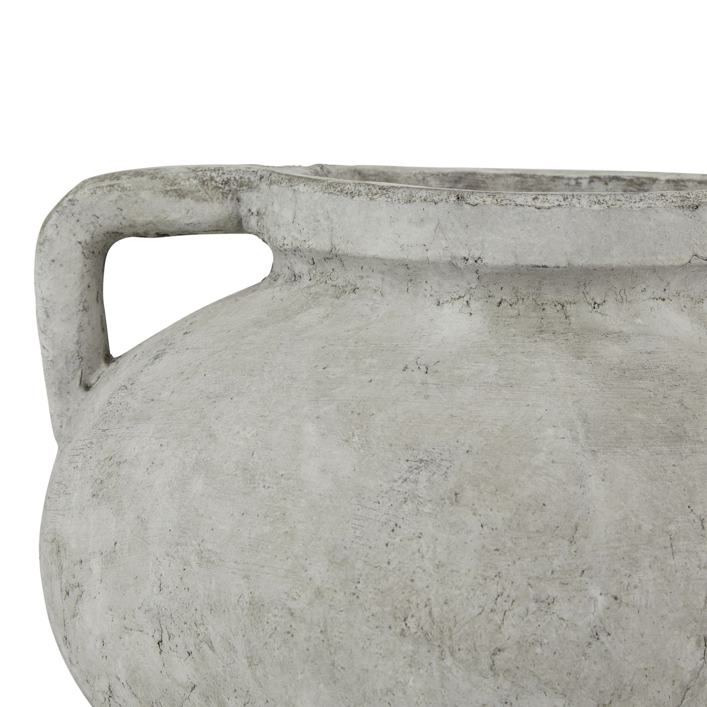 Close-up of a textured stone vase with a handle on a white background