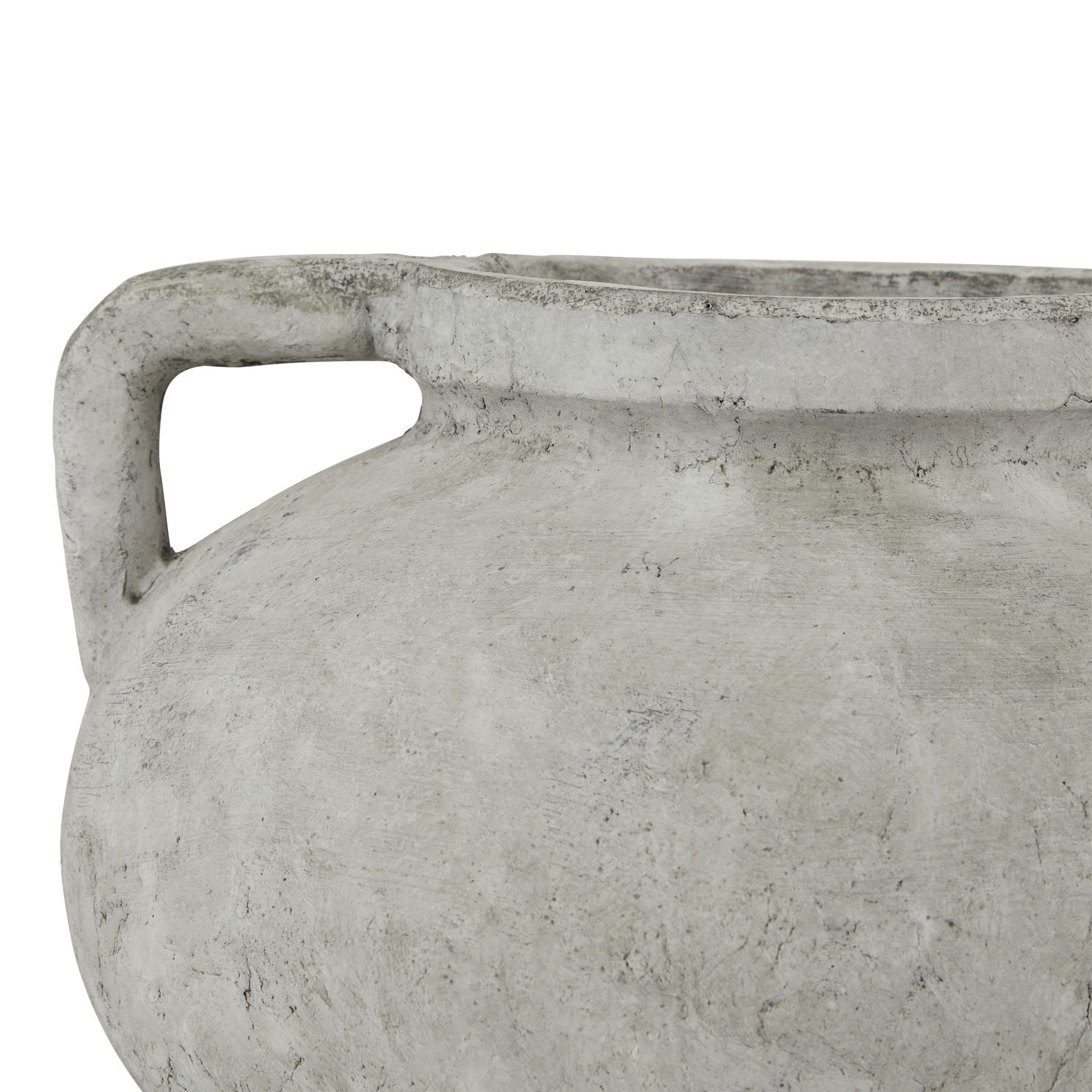Close-up of a textured stone vase with a handle on a white background