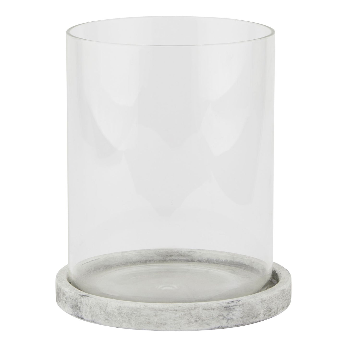 Clear glass candle holder with a gray marble base on a white background