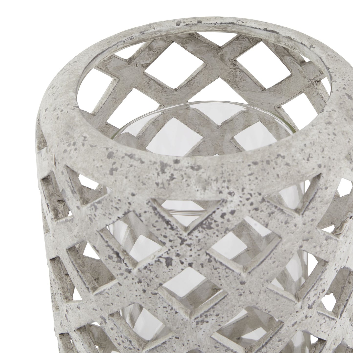 Decorative concrete lantern with geometric lattice design on a white background