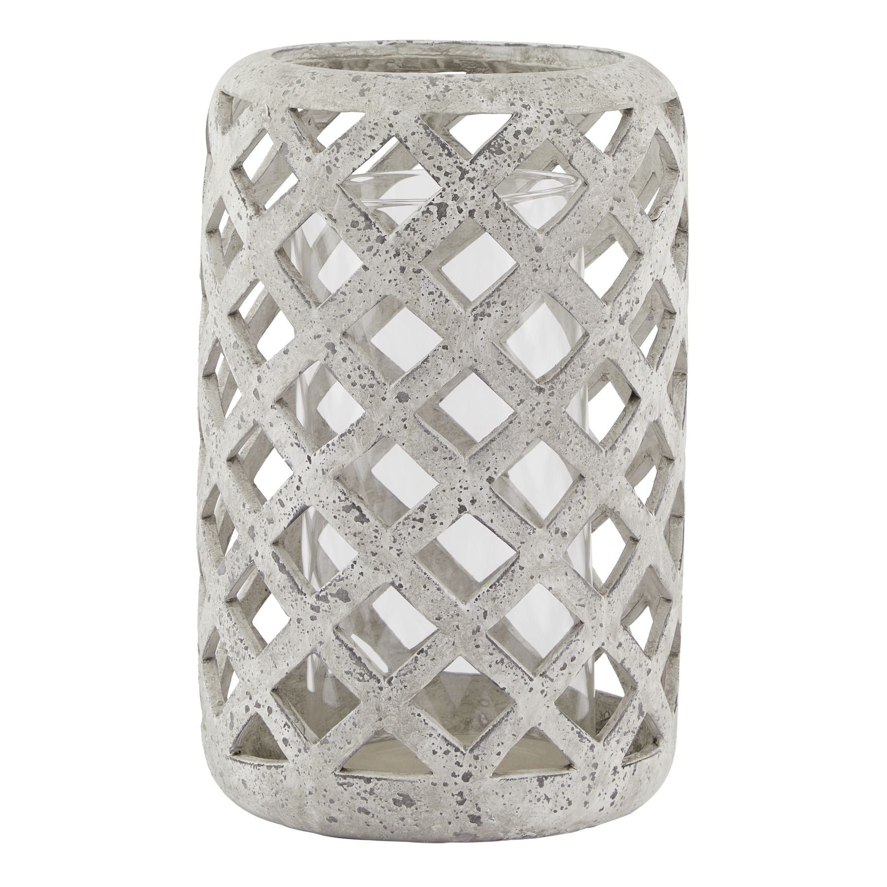 Decorative concrete lantern with lattice design on a white background