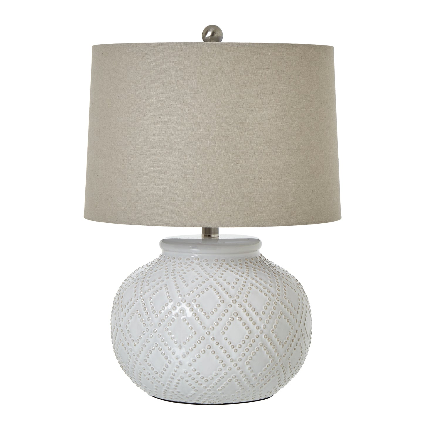Table lamp with textured white base and beige lampshade on a white background