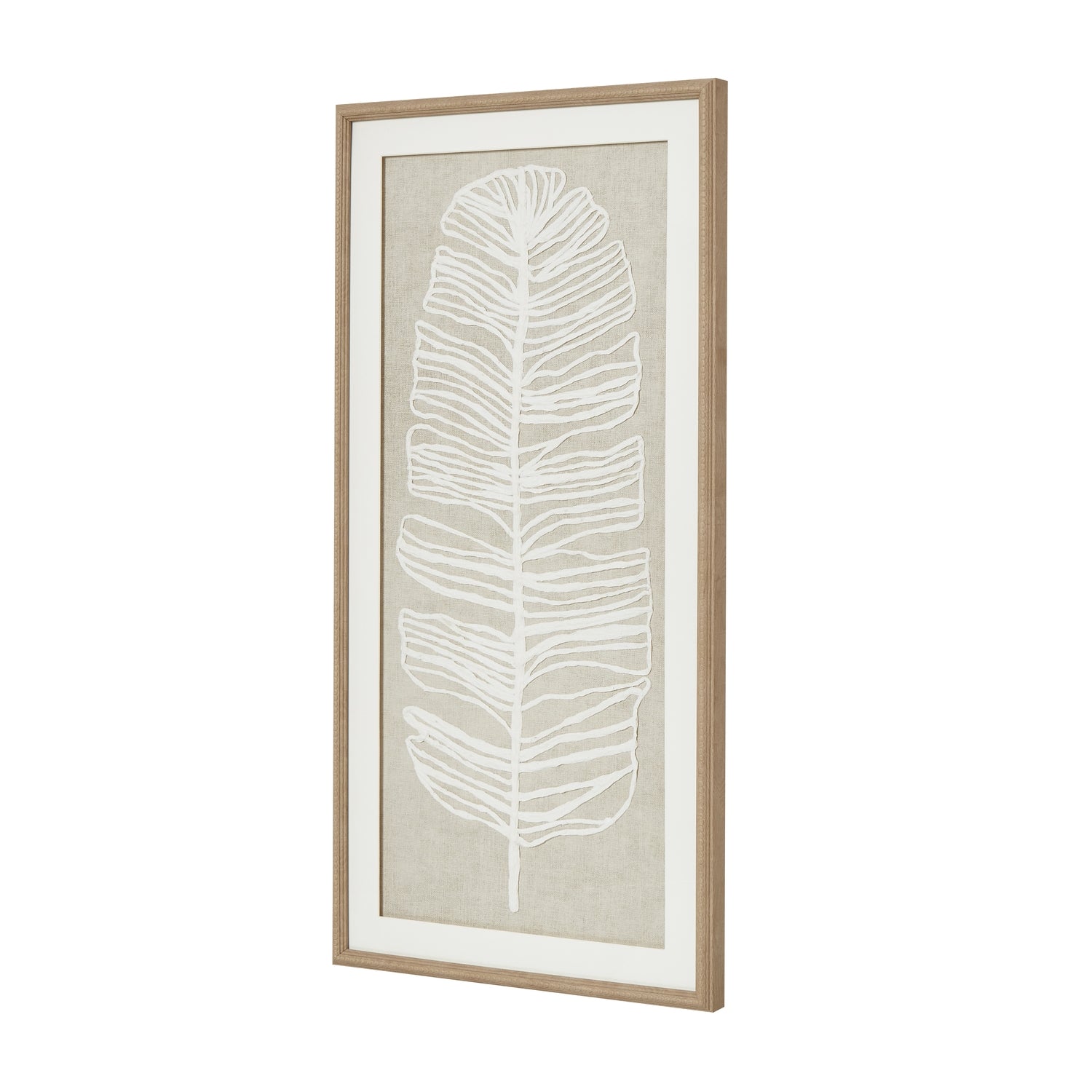 Framed artwork with a white leaf design on a beige background