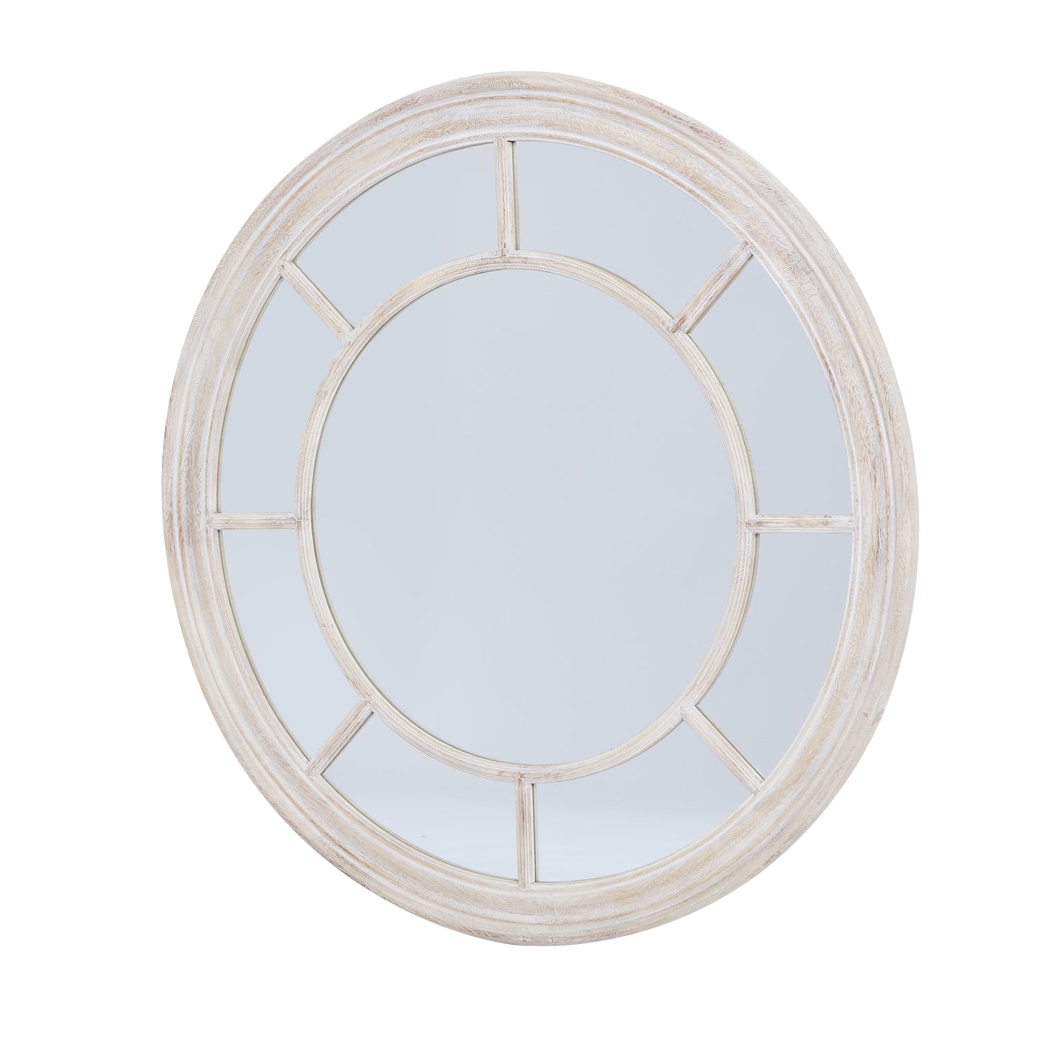 Round mirror with a decorative white frame on a white background
