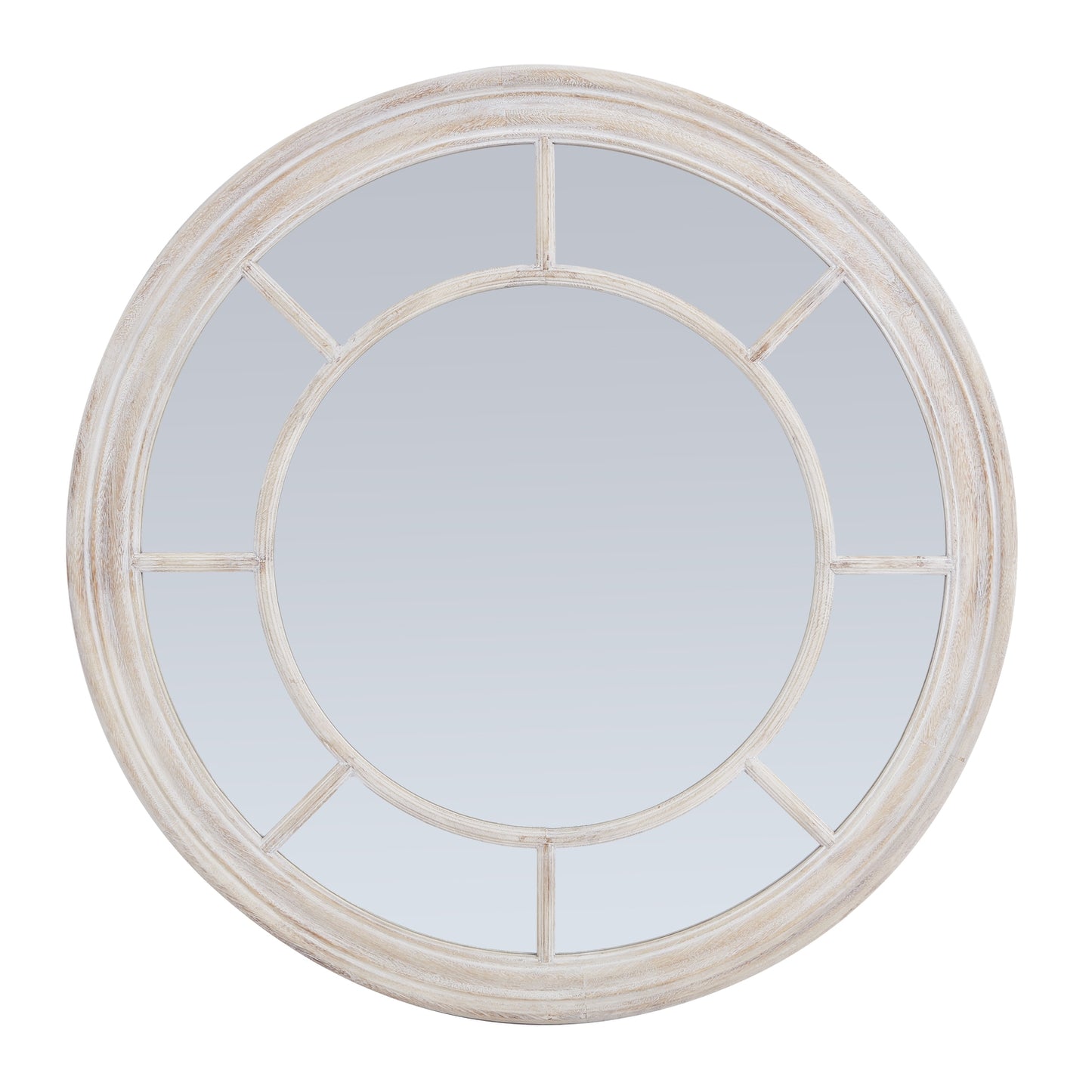 Round mirror with a decorative white frame on a white background