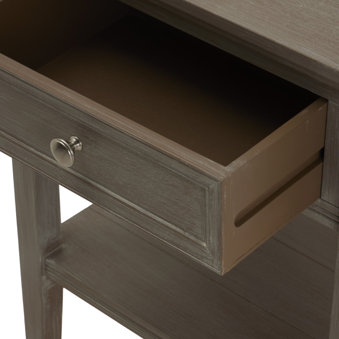 Wooden side table with a drawer open on a white background