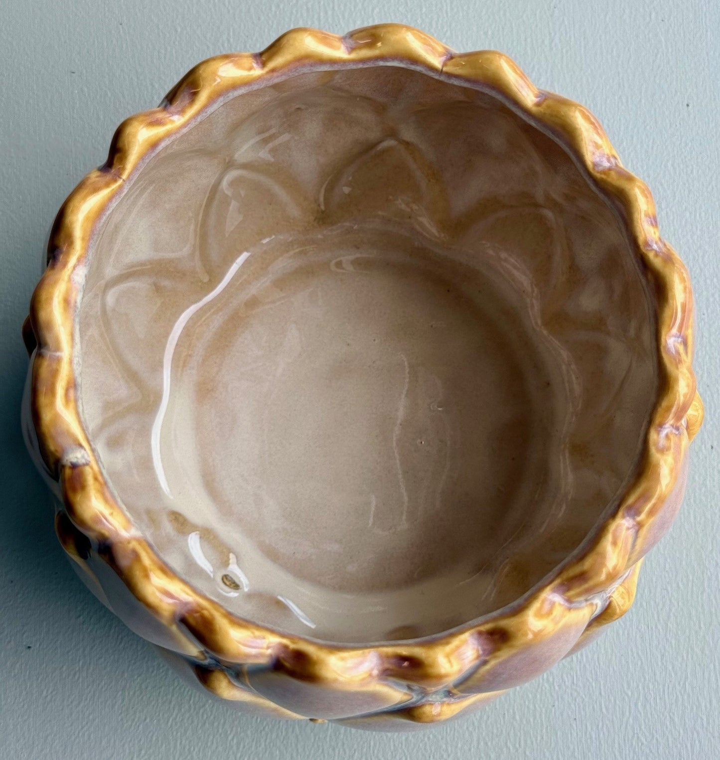 Ceramic bowl with decorative rim on a light blue background