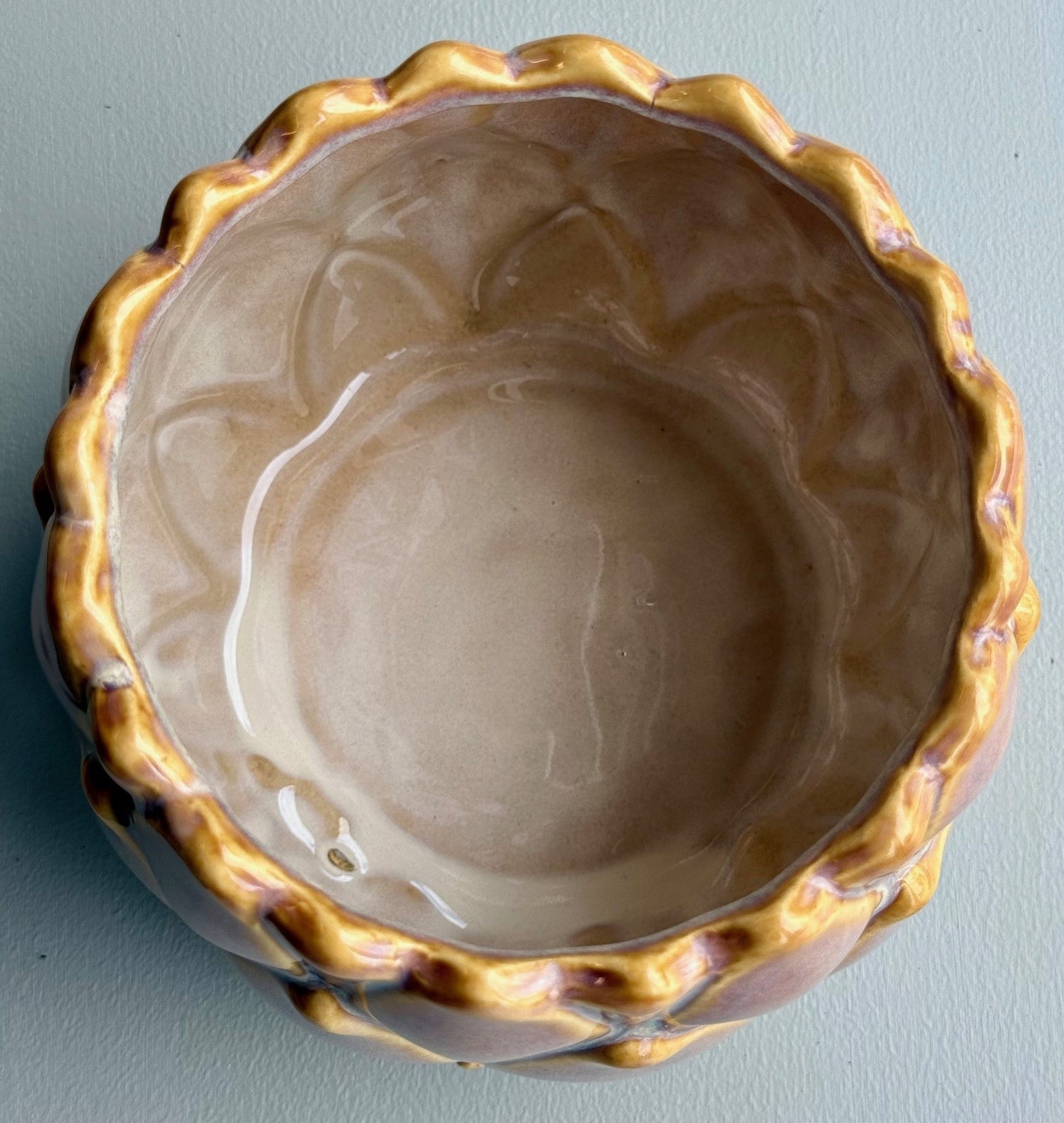 Ceramic bowl with decorative rim on a light blue background