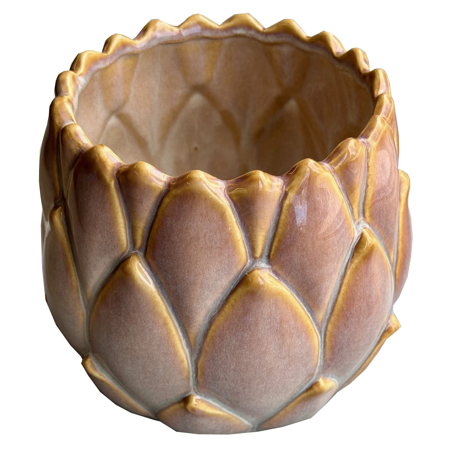 Ceramic pot with artichoke design on a white background