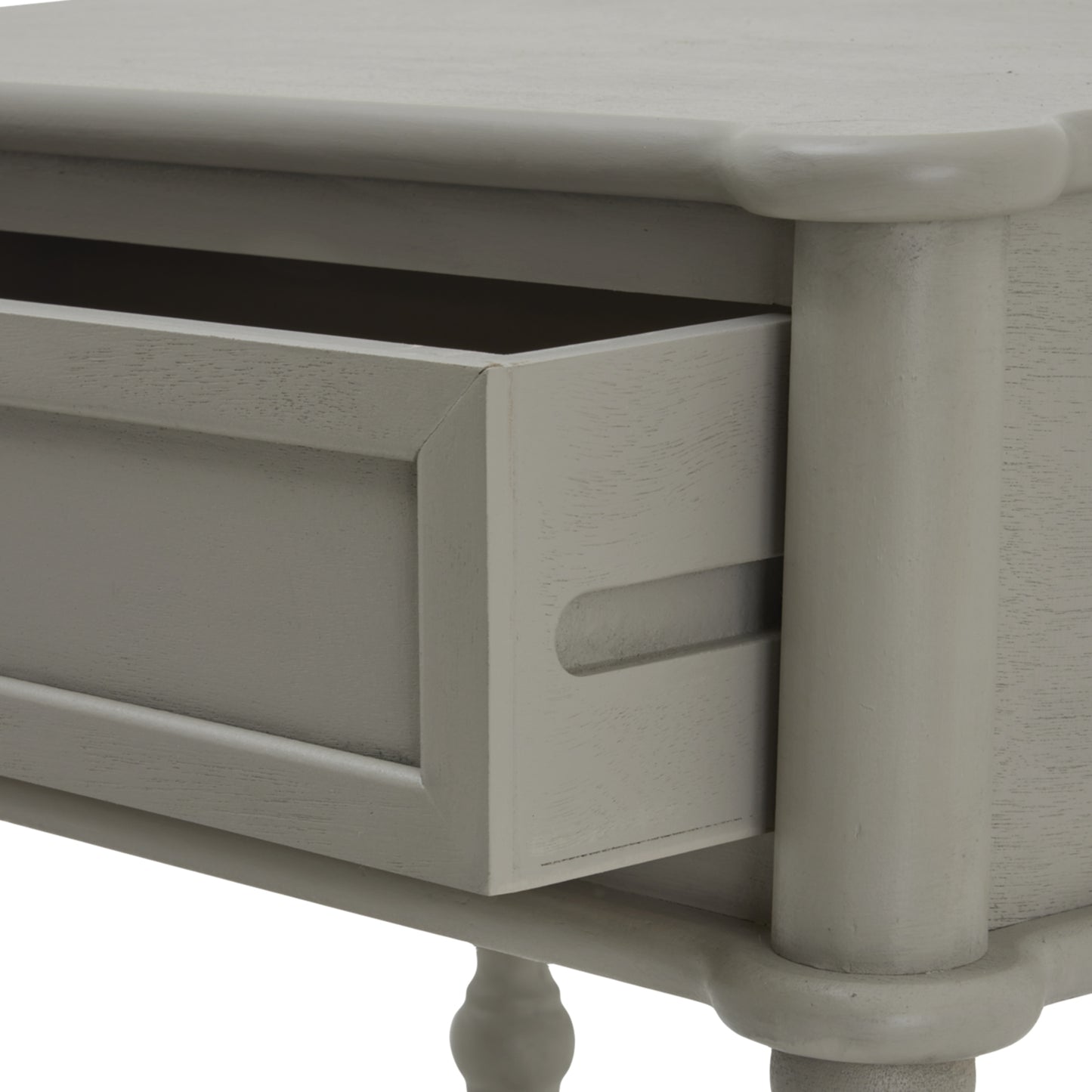 Close-up of a gray wooden side table with a drawer.