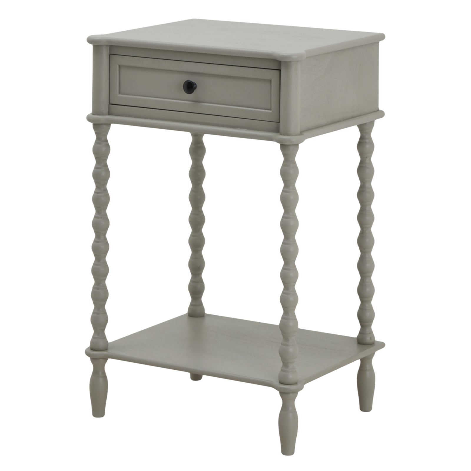 Gray side table with a drawer and spiral legs on a white background