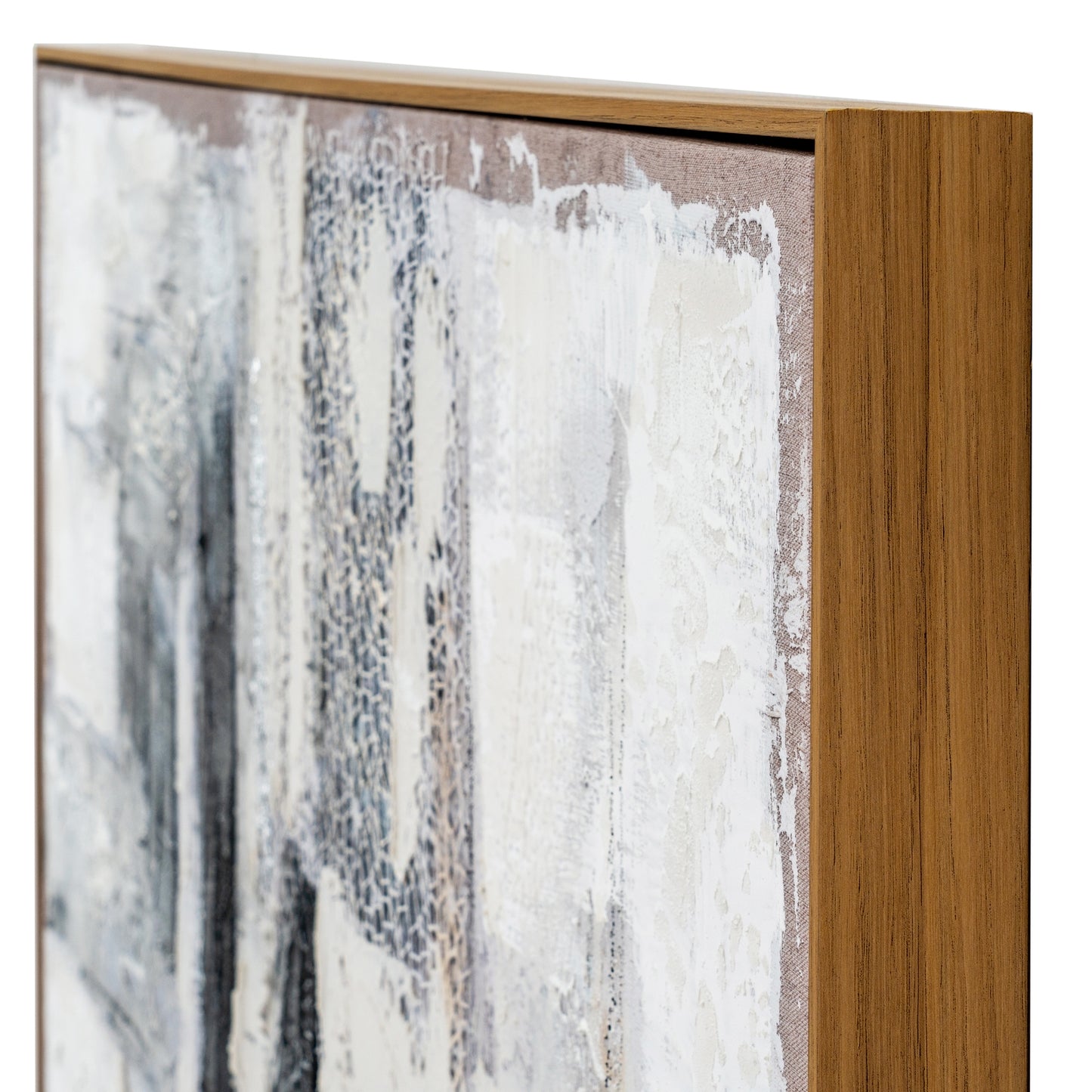 Abstract art piece with a wooden frame on a white background