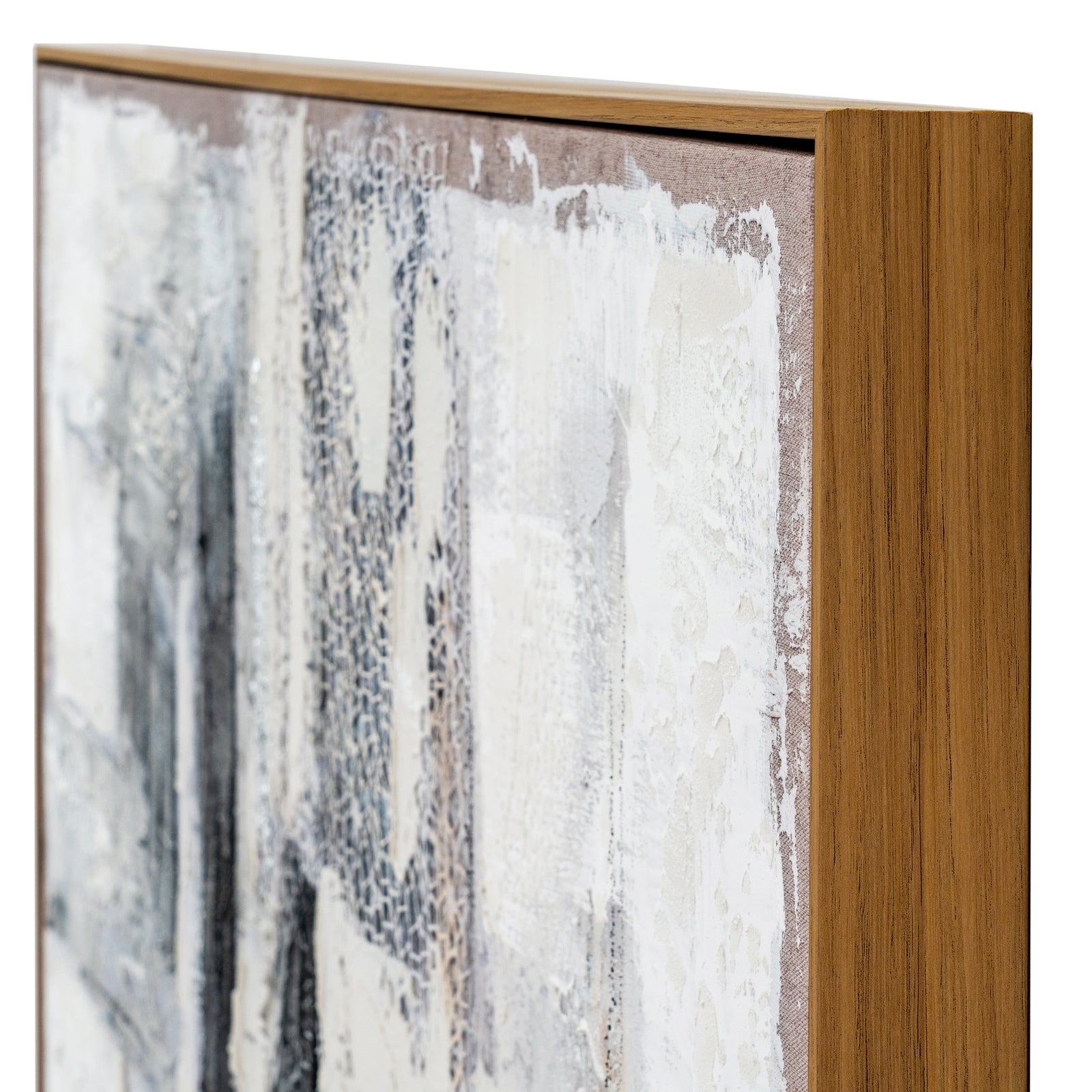 Abstract art piece with a wooden frame on a white background