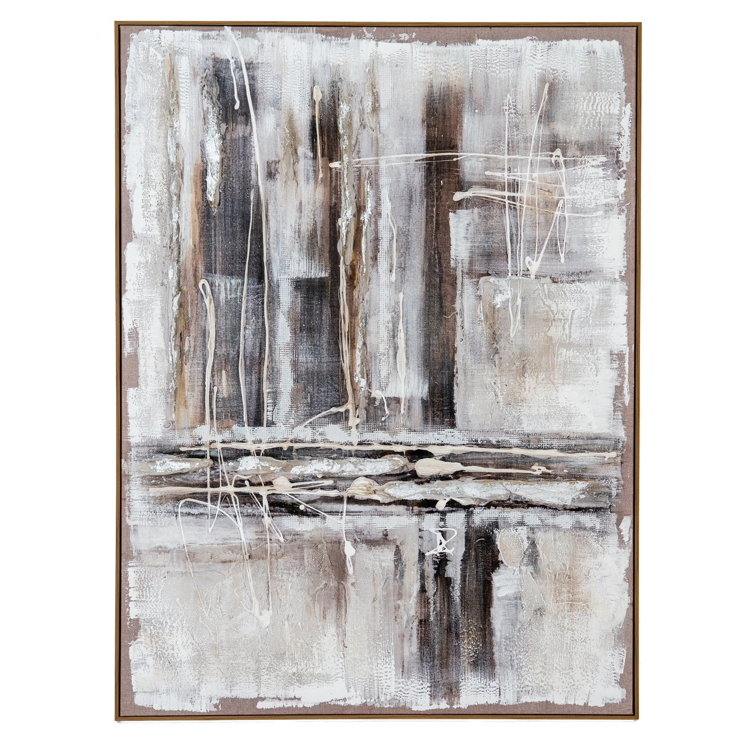 Abstract painting with brown and white strokes on a white background