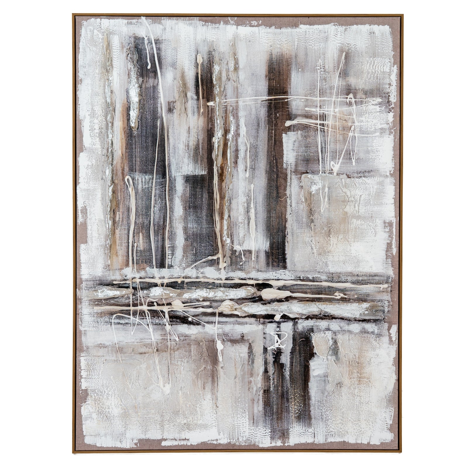 Abstract painting with brown and white strokes on a white background