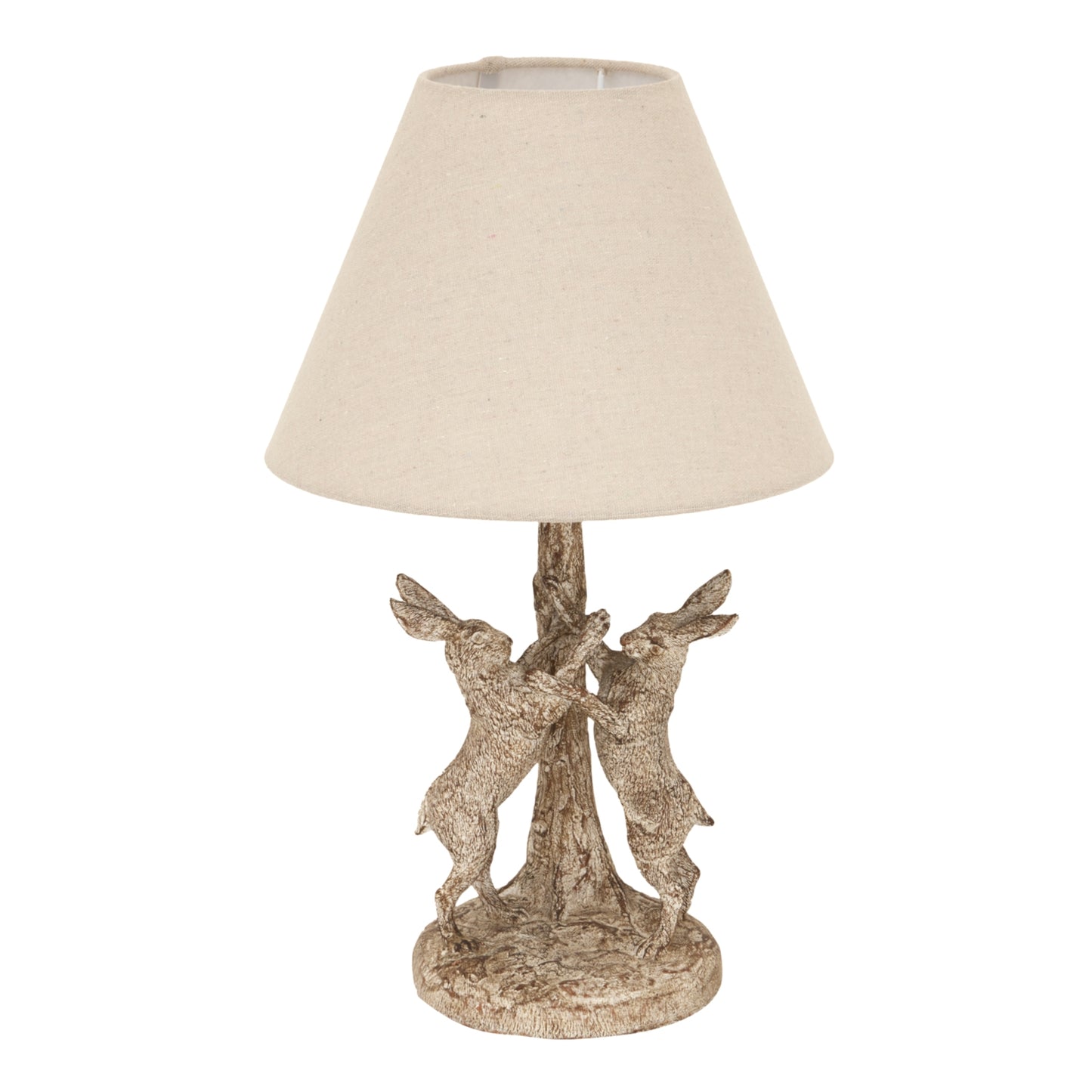 Decorative table lamp with beige shade and metal base on a white background
