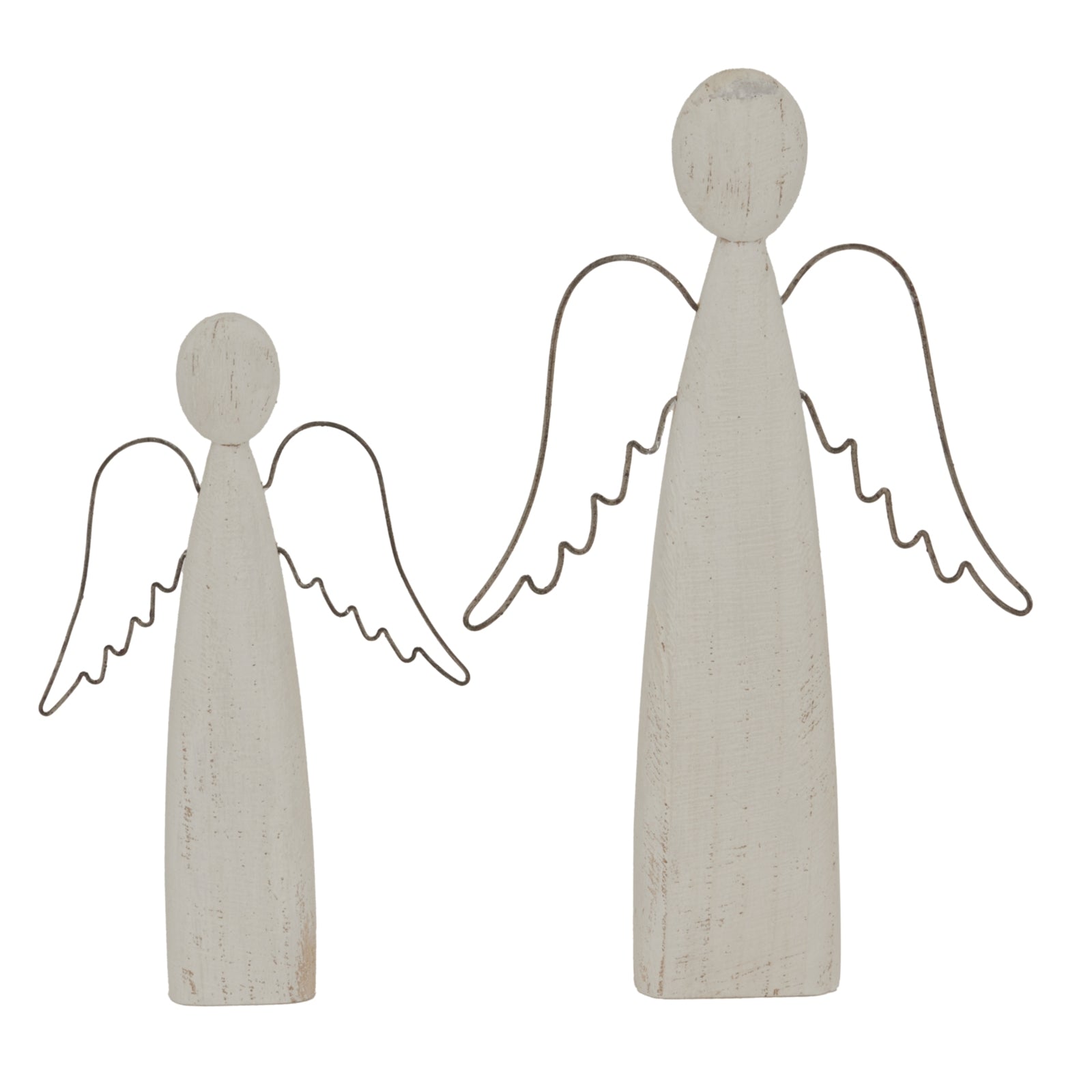Two stone angel figurines with wings on a white background