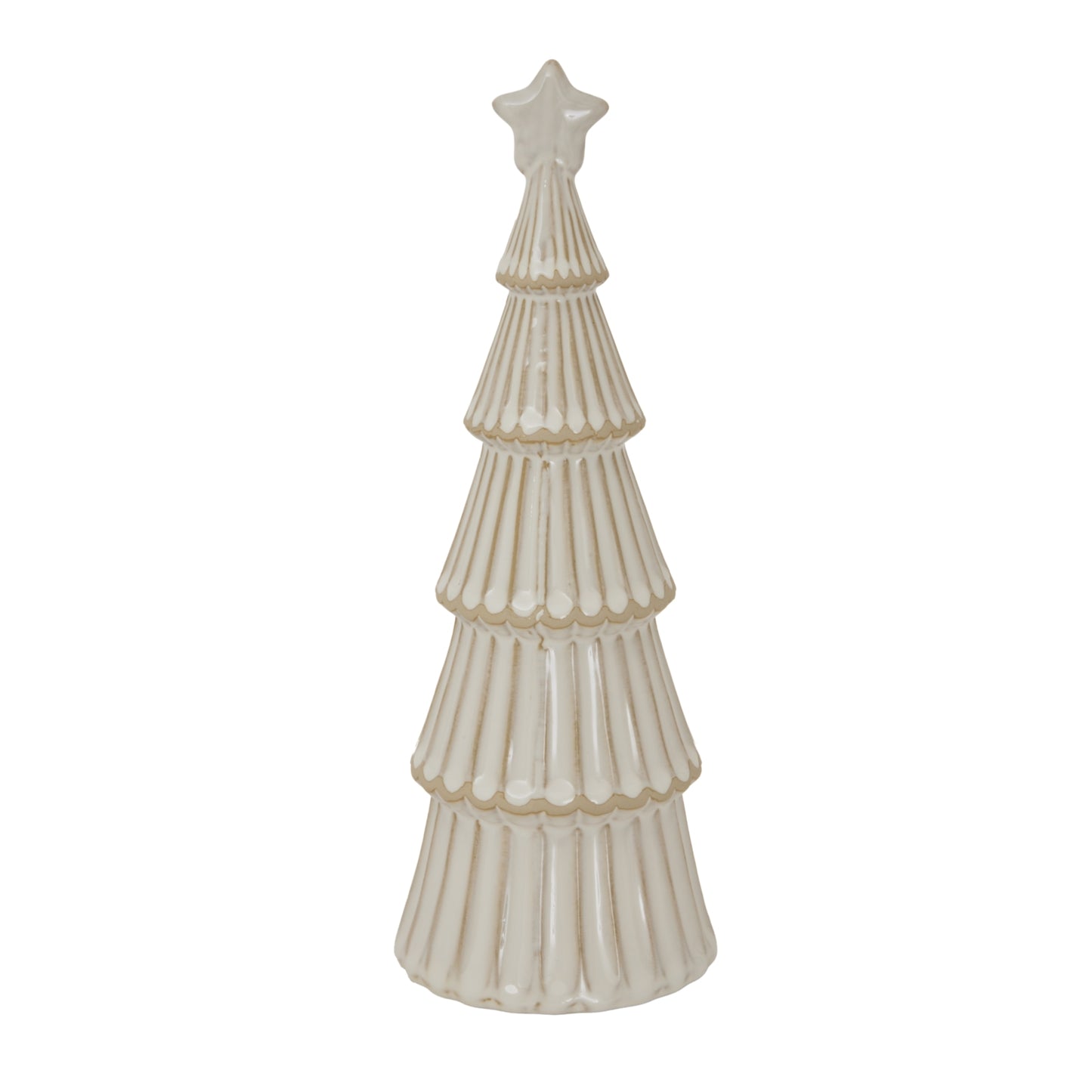 Decorative ceramic Christmas tree with a star on top against a white background