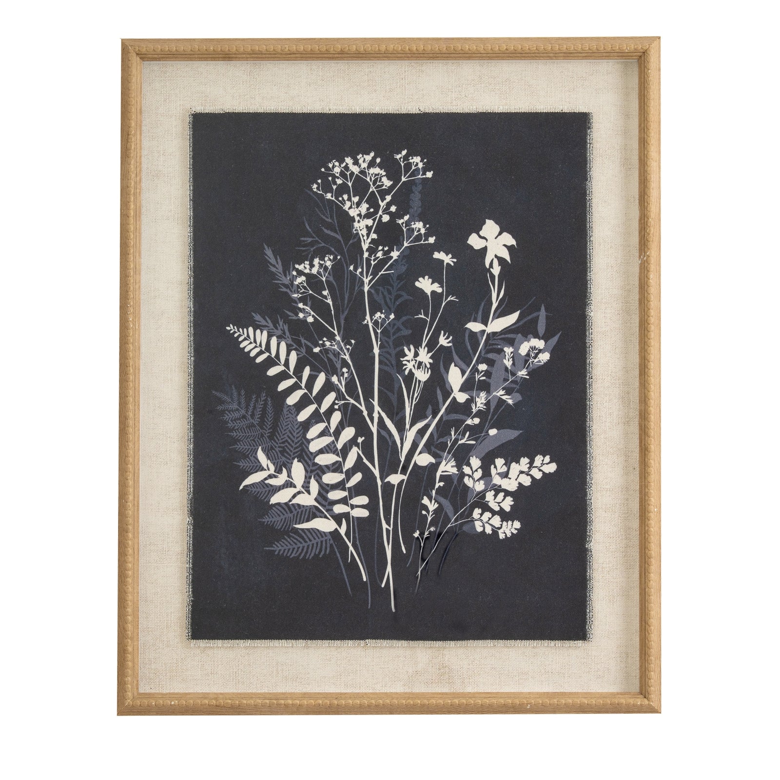Framed botanical print with white flowers and leaves on a dark background