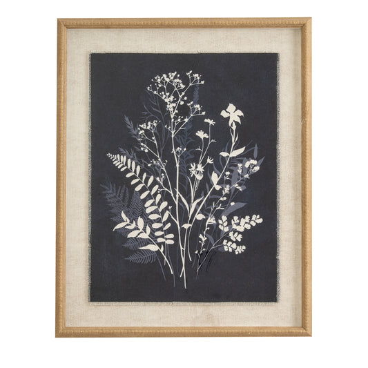 Framed botanical print with white flowers and leaves on a dark background