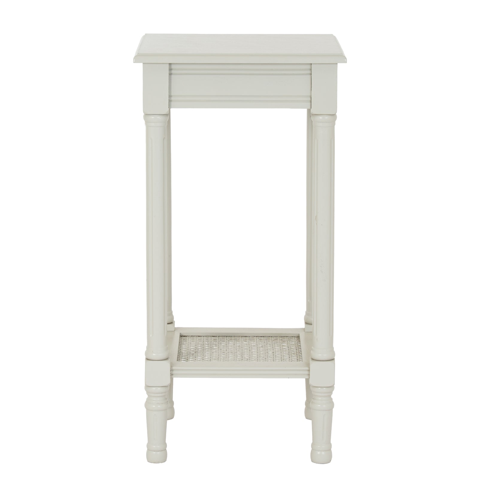 White side table with wicker shelf on a white background