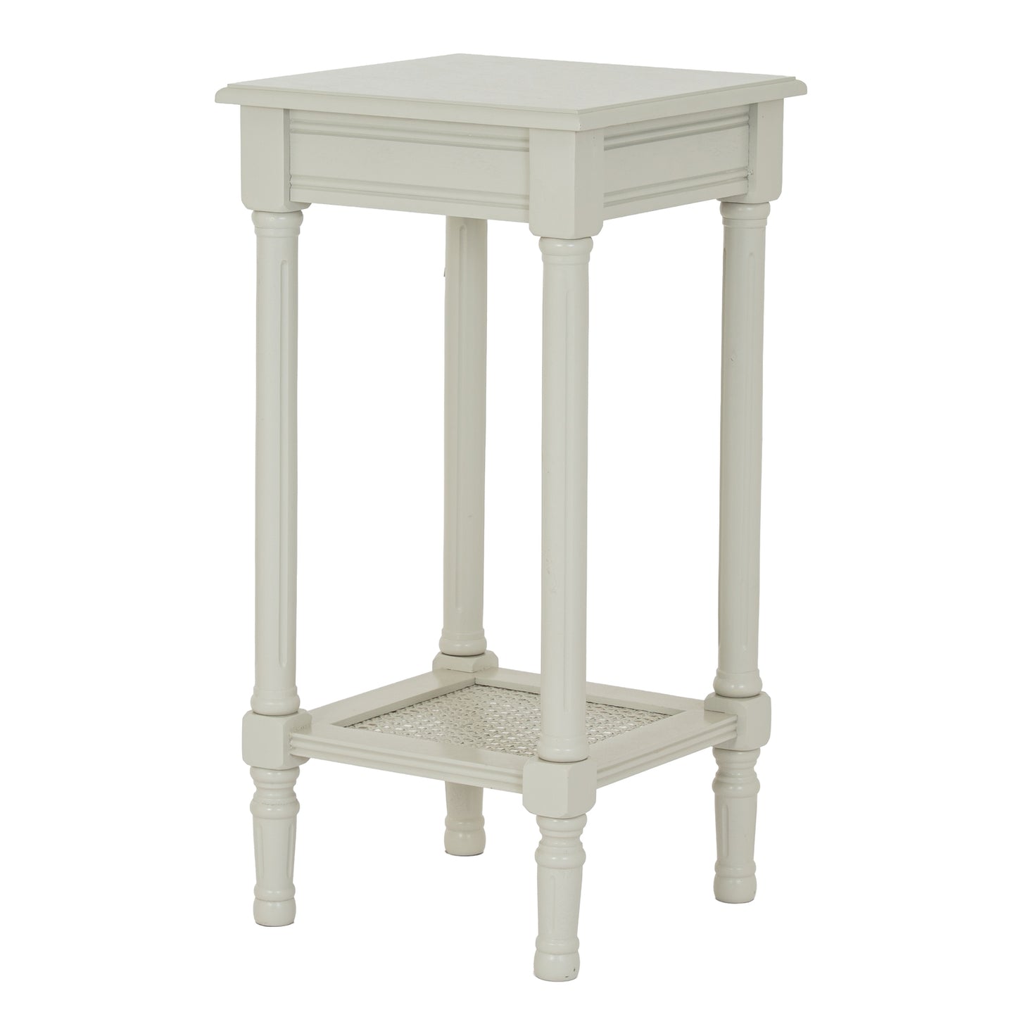 White side table with a woven shelf on a white background
