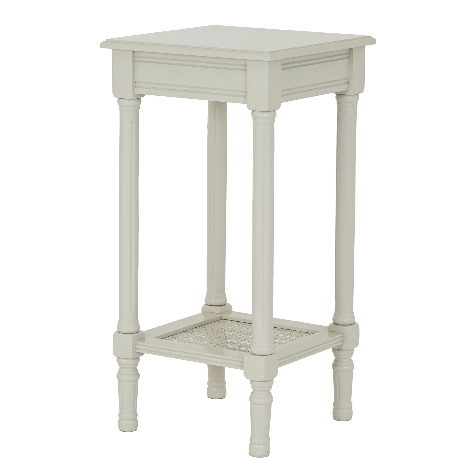 White side table with a woven shelf on a white background