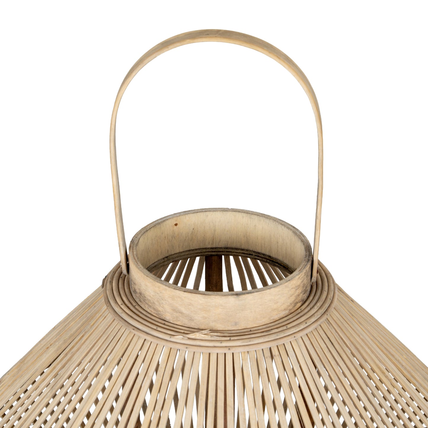 Close-up of a beige woven lantern with a handle on a white background