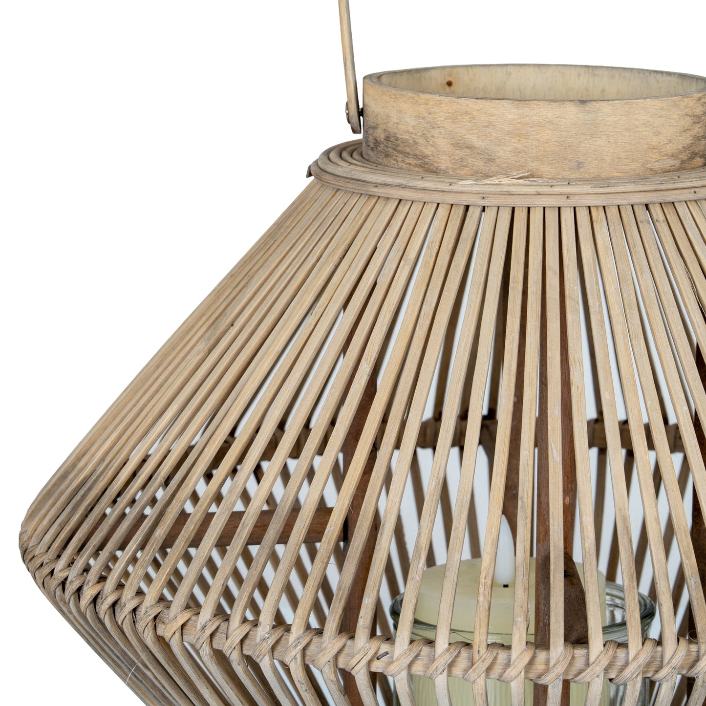 Close-up of a woven rattan pendant light on a white background