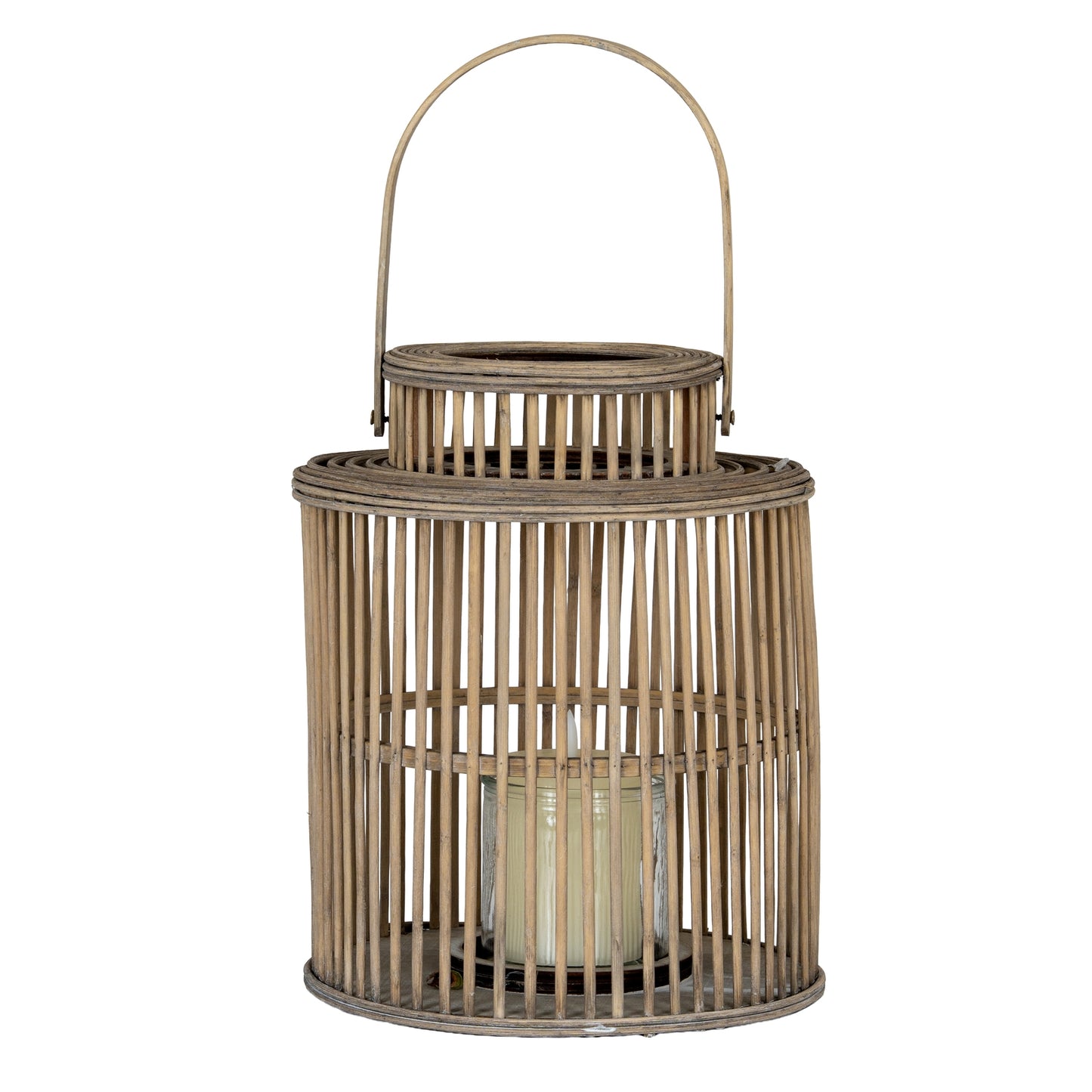 Woven bamboo lantern with a handle on a white background