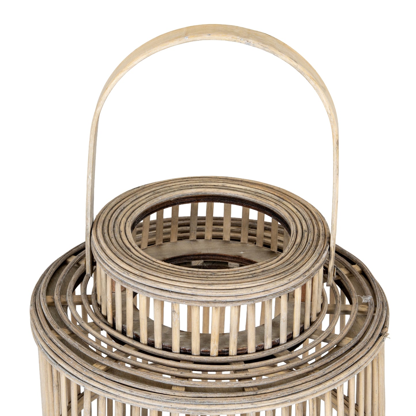 Woven basket with a handle on a white background