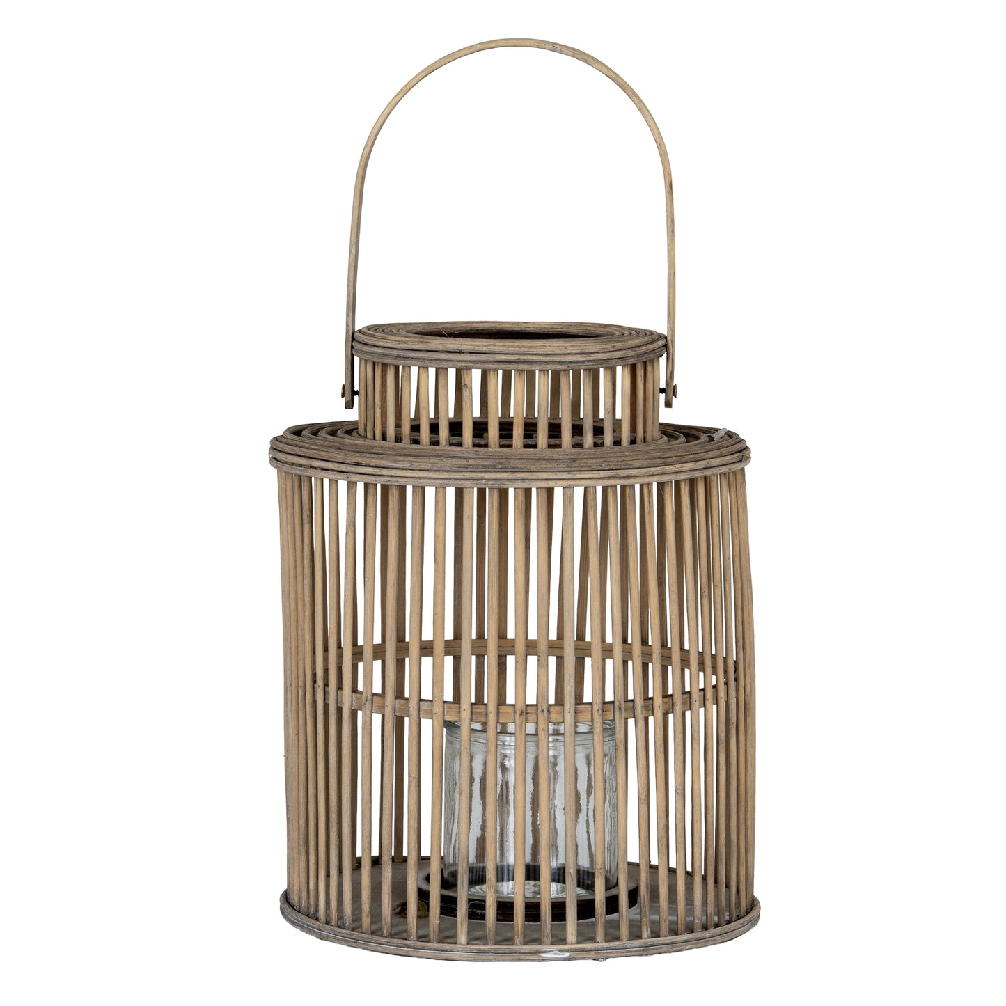 Woven rattan lantern with a handle on a white background