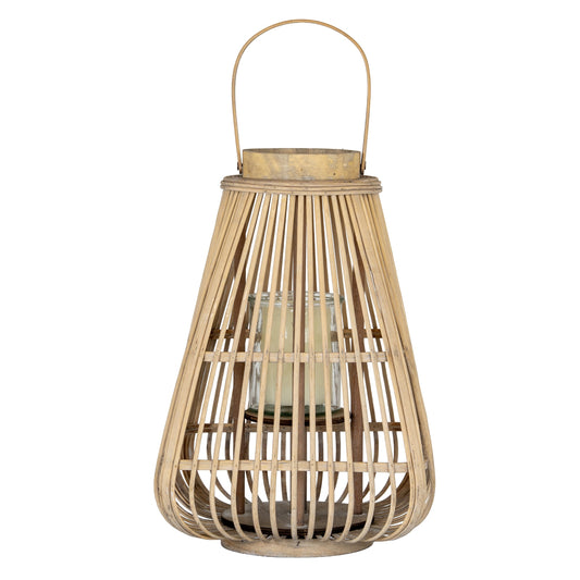 Woven bamboo lantern with a handle on a white background