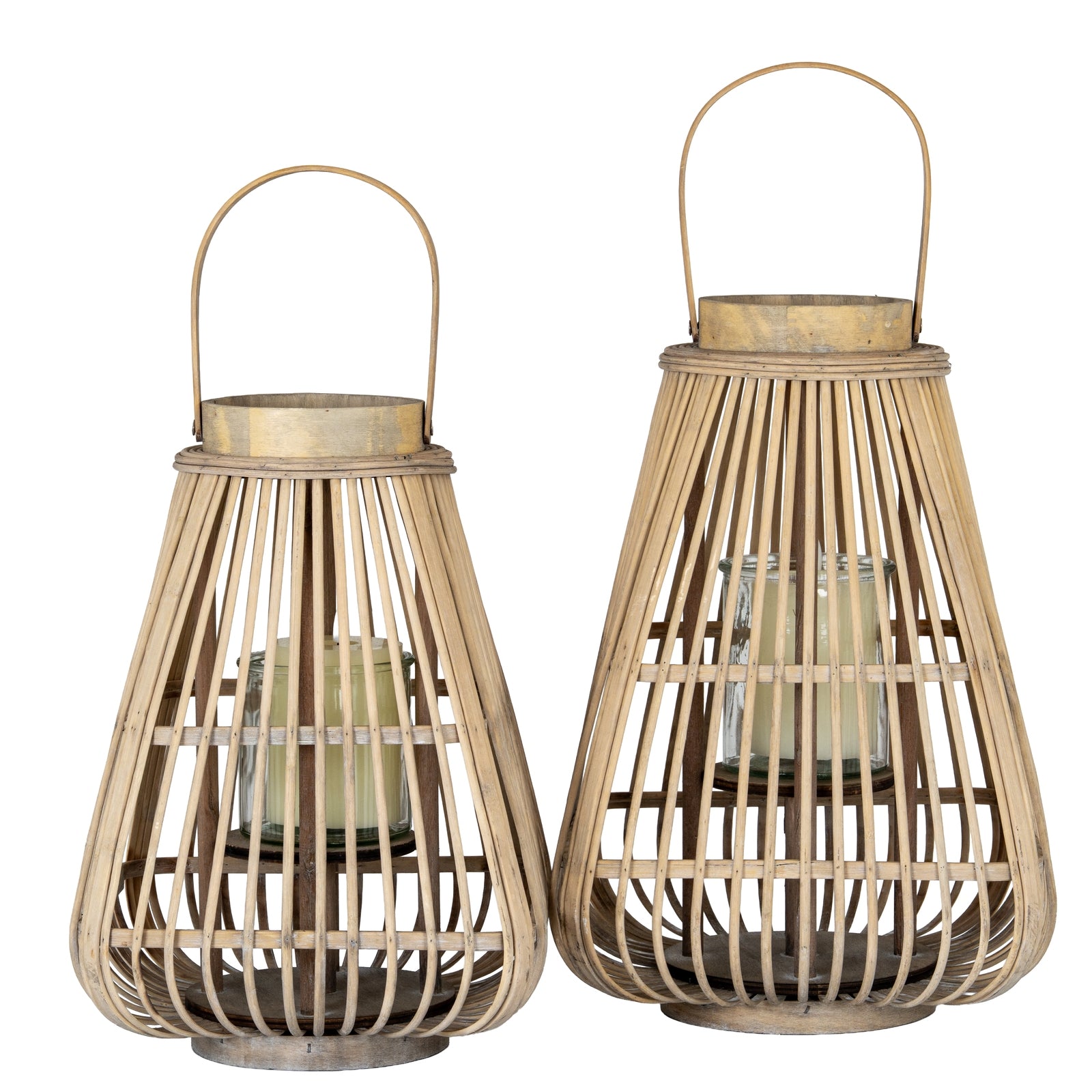 Two bamboo lanterns with handles on a white background