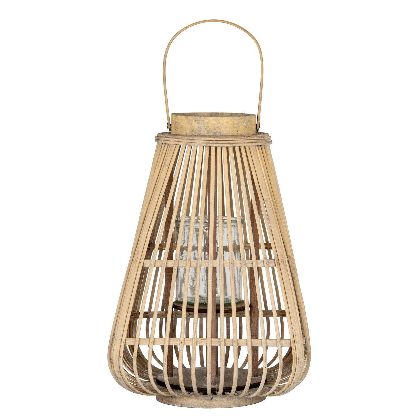 Woven rattan lantern with a handle on a white background