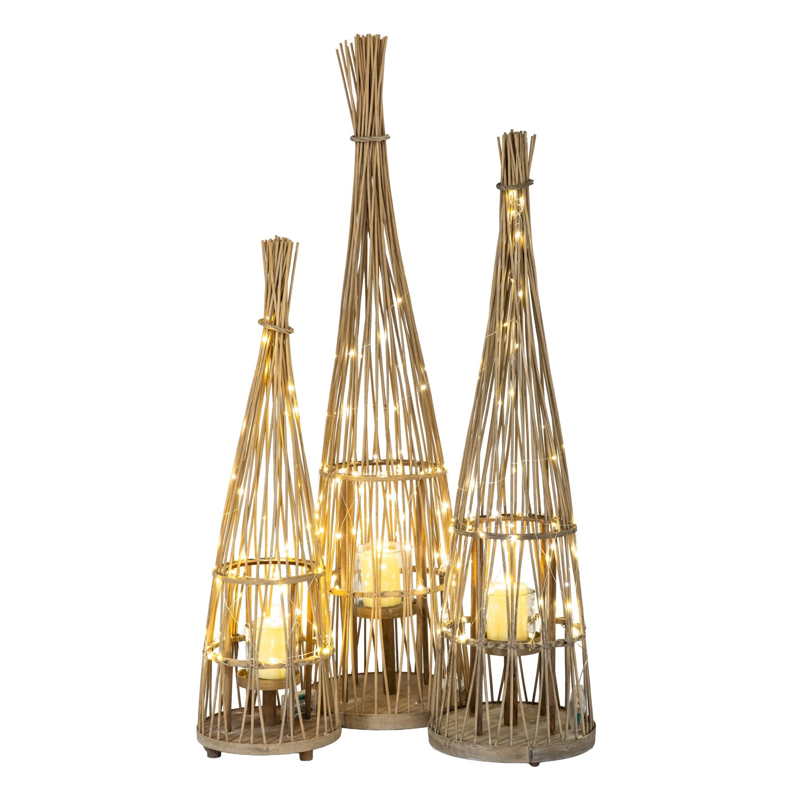 Three decorative wicker lanterns on a white background