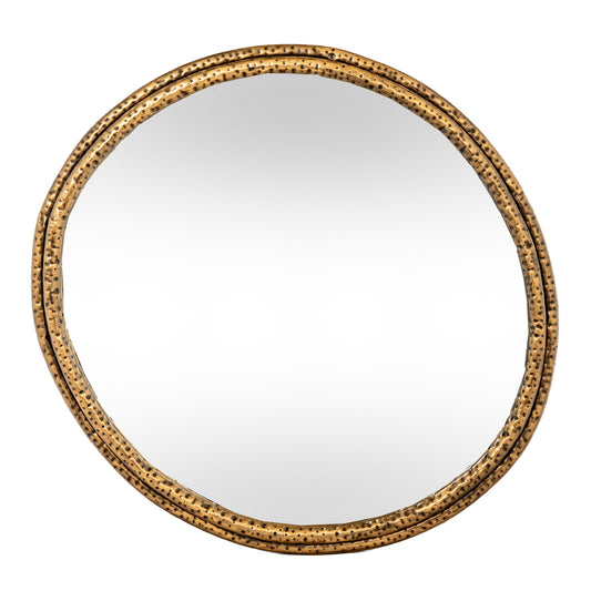 Round mirror with a gold frame on a white background