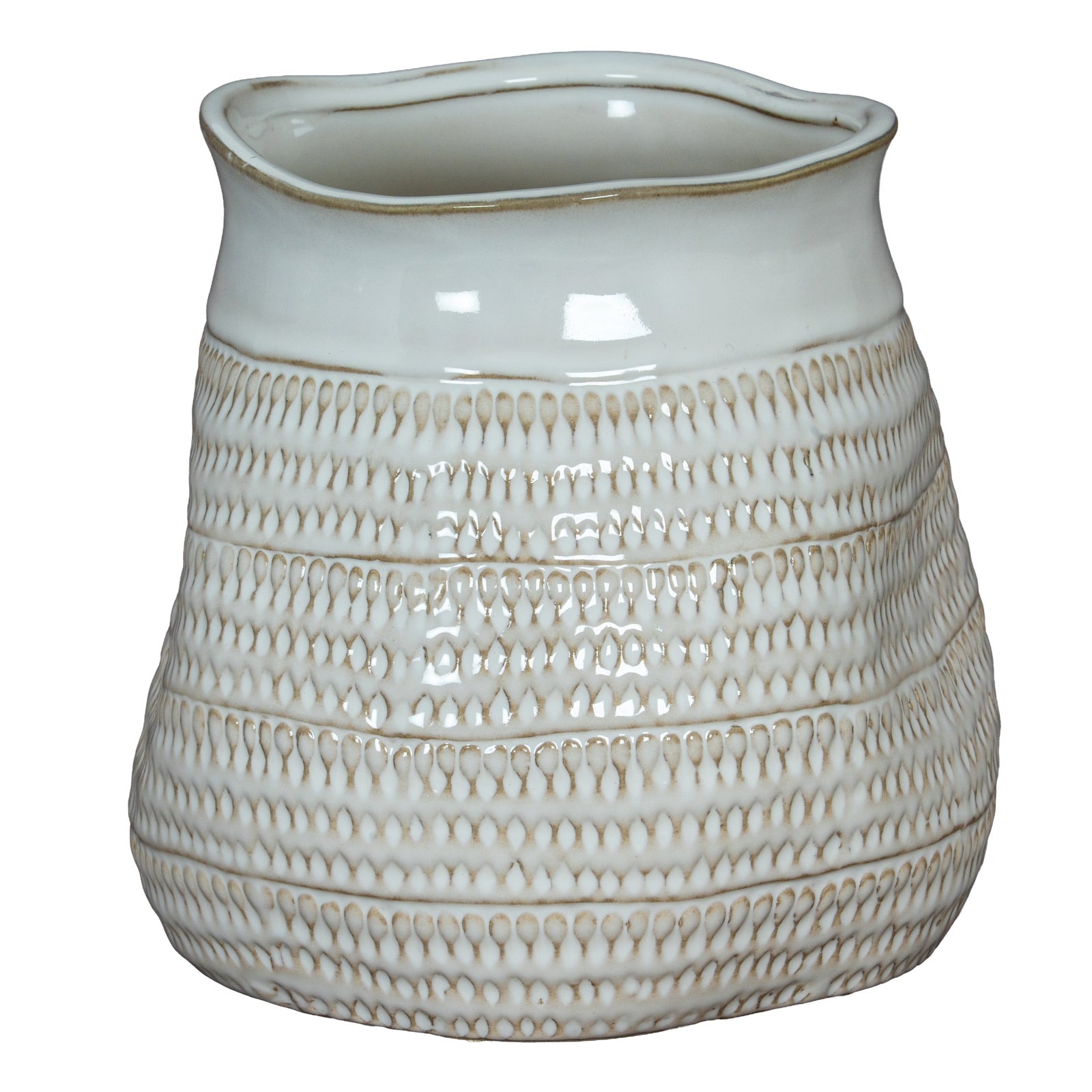 White ceramic vase with textured design on a white background