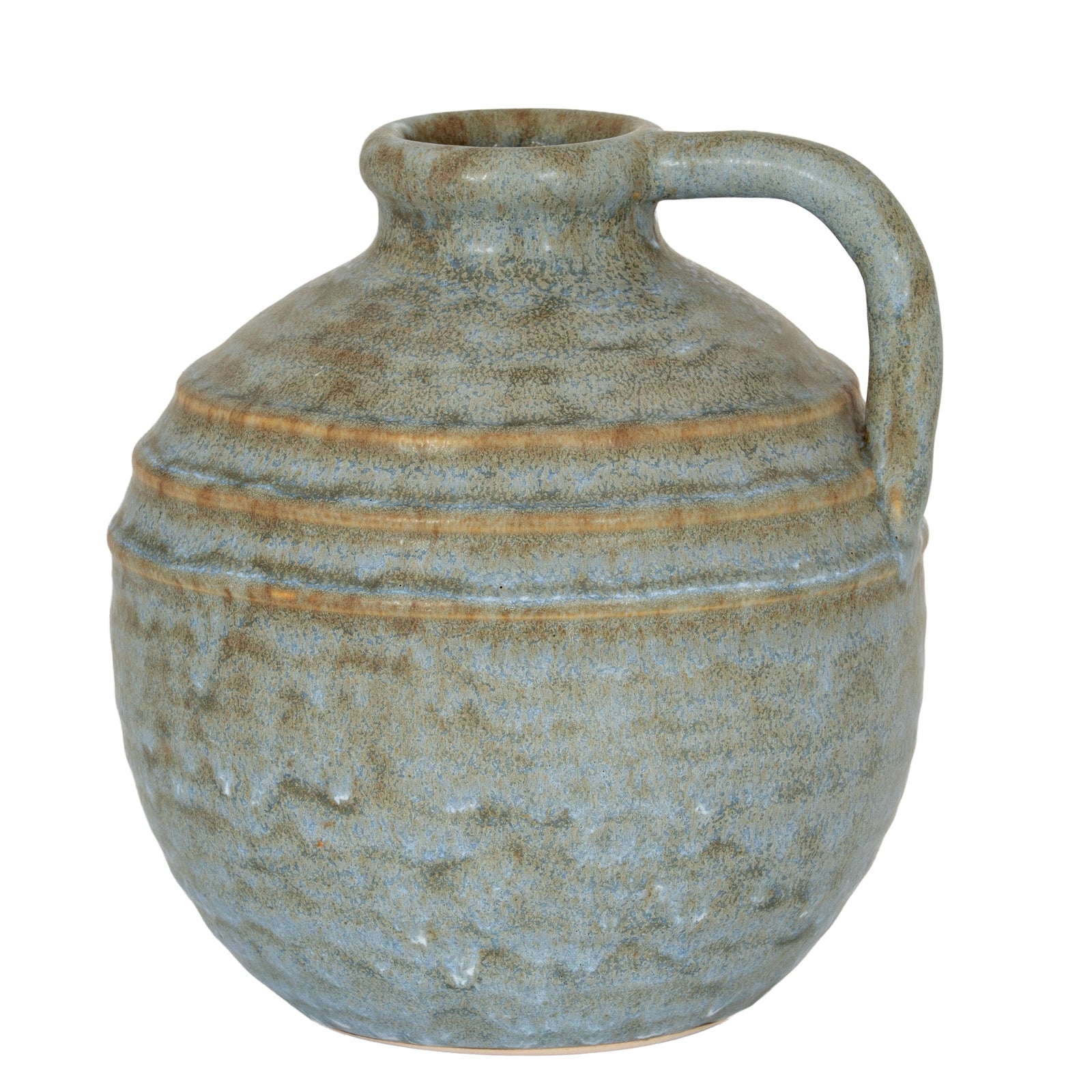 Ceramic jar with a handle on a white background