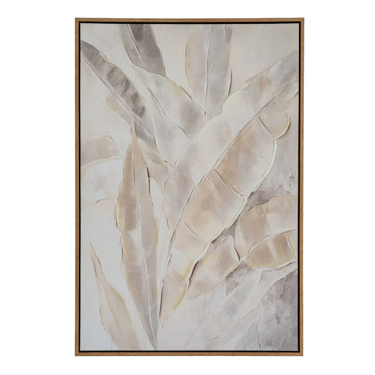Abstract art piece with beige and brown leaf-like shapes on a light background, framed.