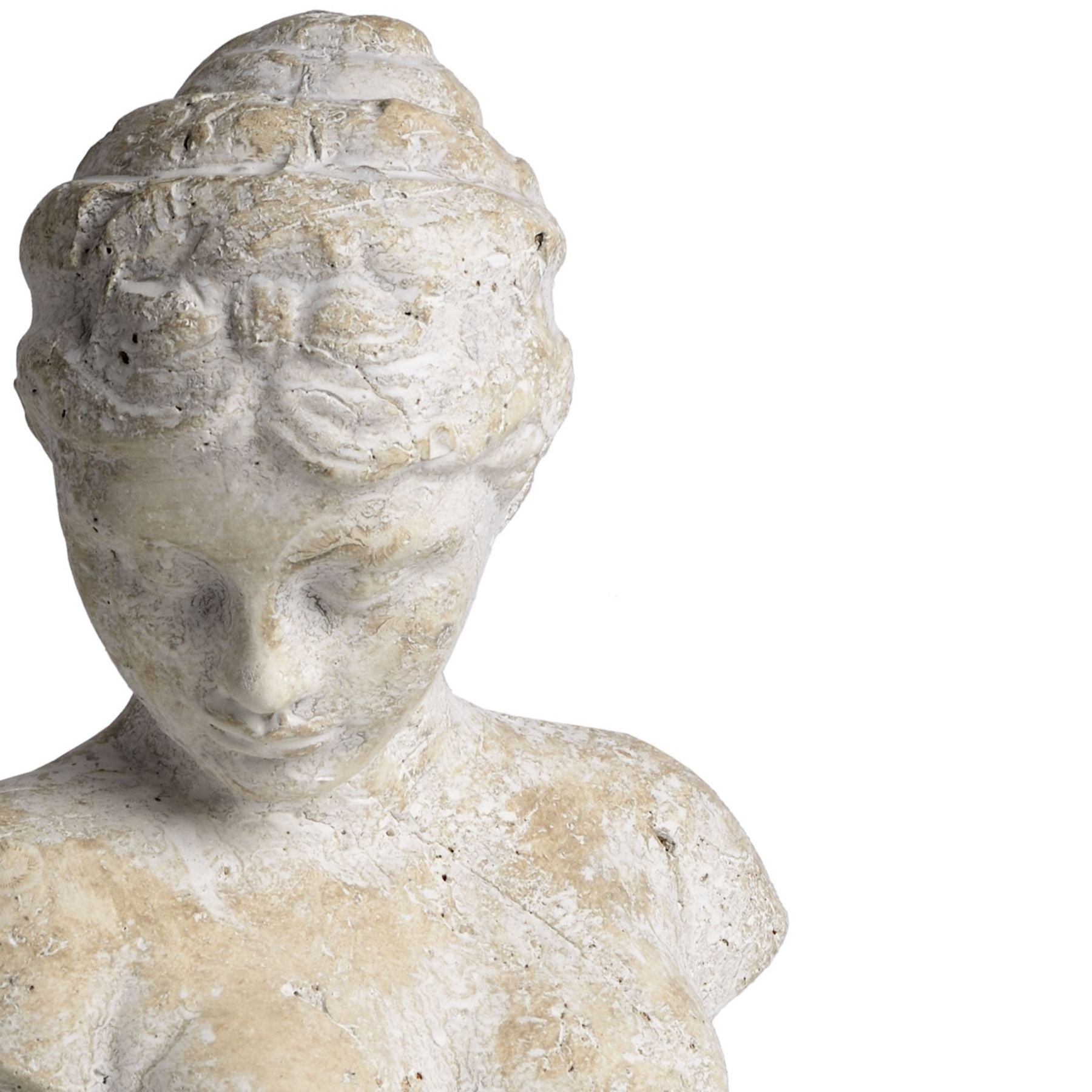 Stone sculpture of a woman's bust on a white background