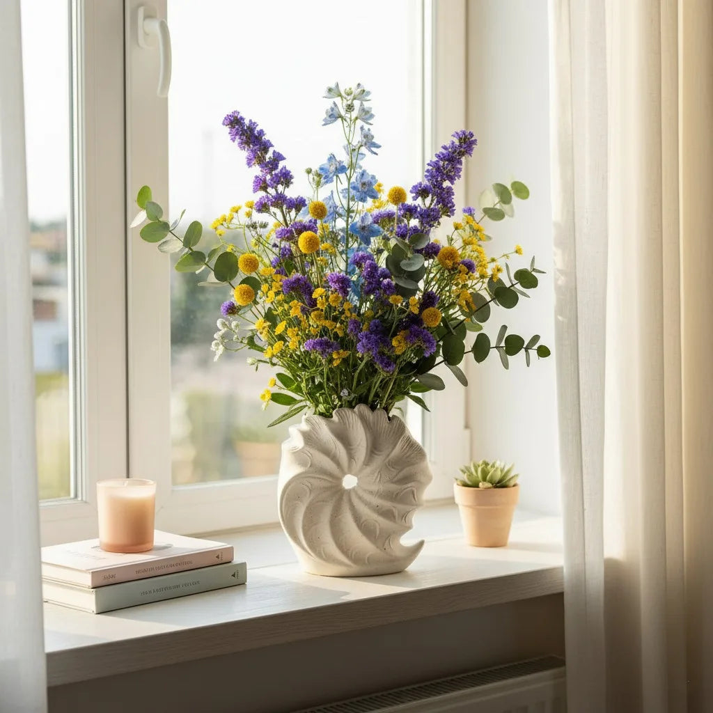 Bouquet of flowers in a decorative vase on a windowsill with books and a candle.