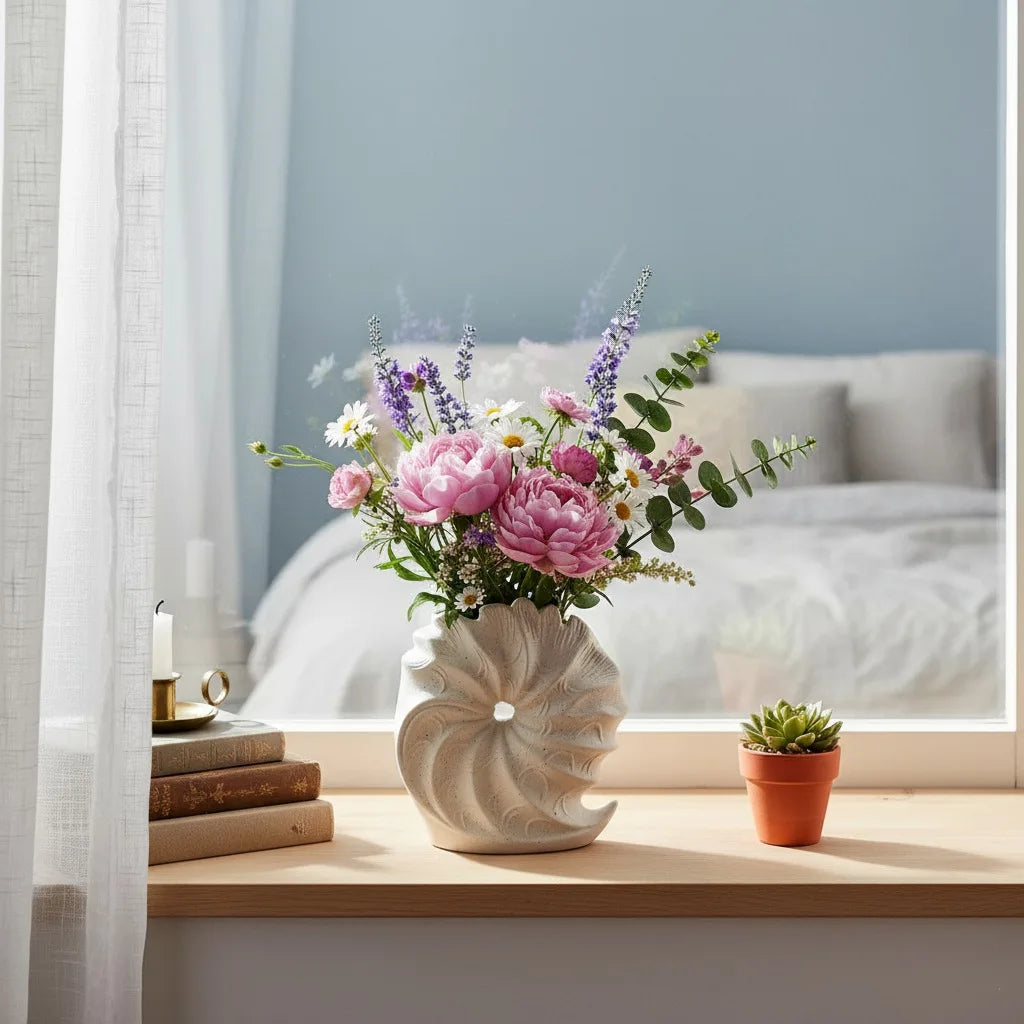 Decorative vase with flowers on a windowsill in a bright room