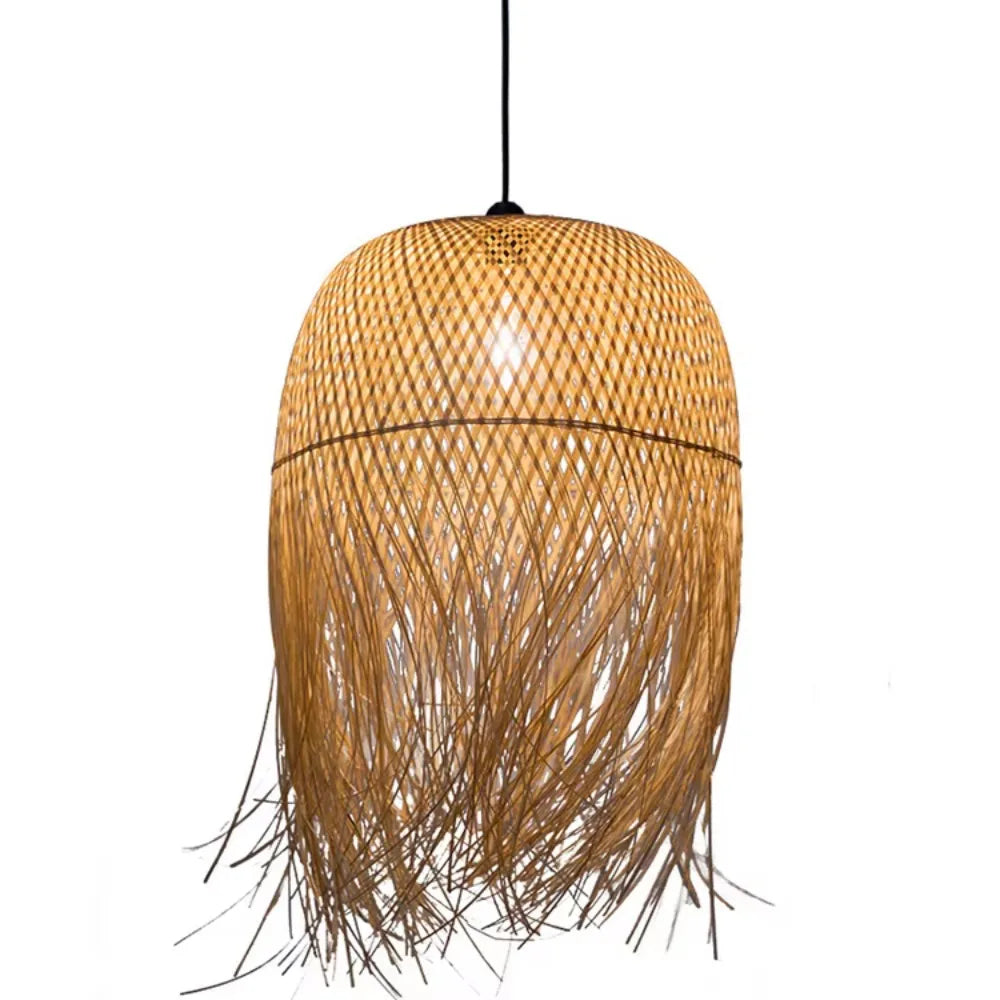 Woven rattan pendant light on a white background