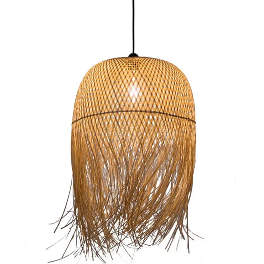 Woven rattan pendant light on a white background