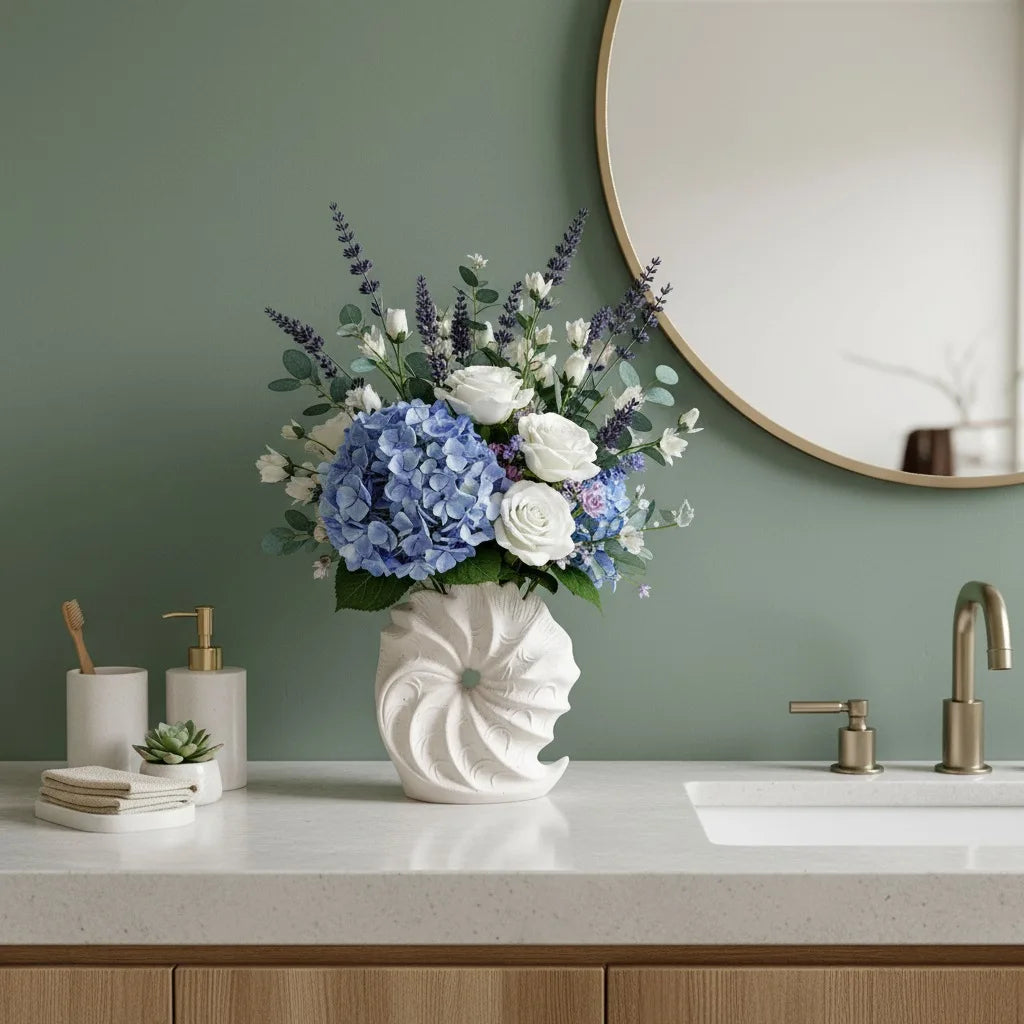 Bouquet of flowers in a vase on a bathroom counter with a green wall and round mirror.